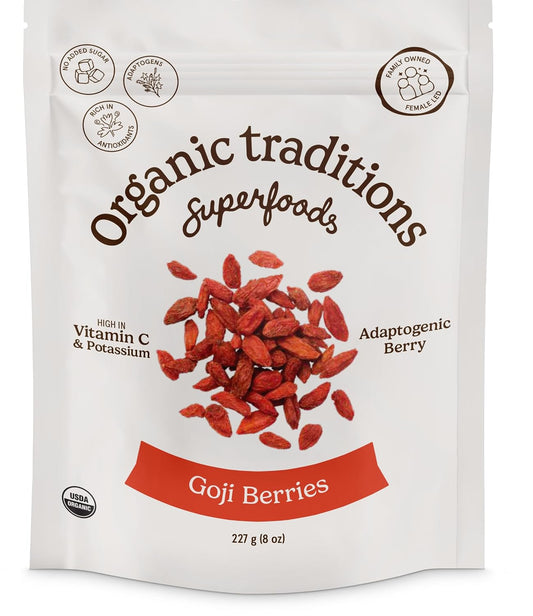 Organic Traditions Goji Berries, Organic Dried Whole Superfruit, Naturally Sweet Berry Flavor With Vitamins, Minerals And Antioxidants, Superfood and Snack For Tea,And Everyday Recipes, 227g / 8oz