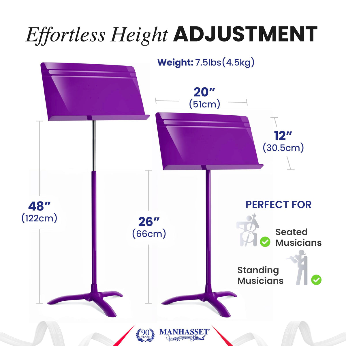 Manhasset Music Stand for Sheet Music - 48 Symphony Model - Long Lasting, Durable Manhasset Stand - Adjustable Height - 26" to 48" - Made in the USA