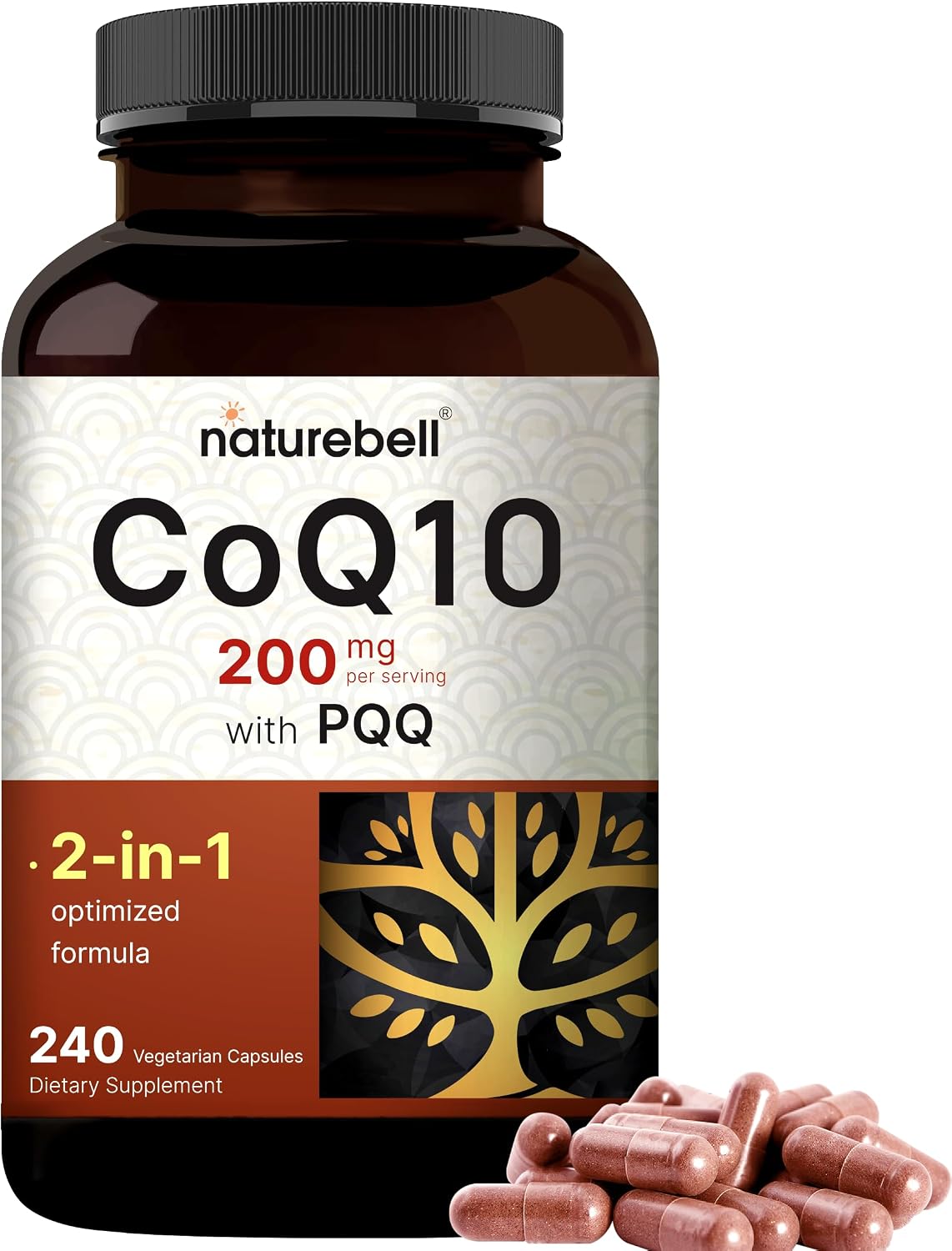 NatureBell CoQ10 200mg with PQQ, 240 Veggie Capsules | Stable High Absorption Form – Antioxidant Support for Heart, & Energy Health – Extra Strength Coenzyme Q10 Supplement