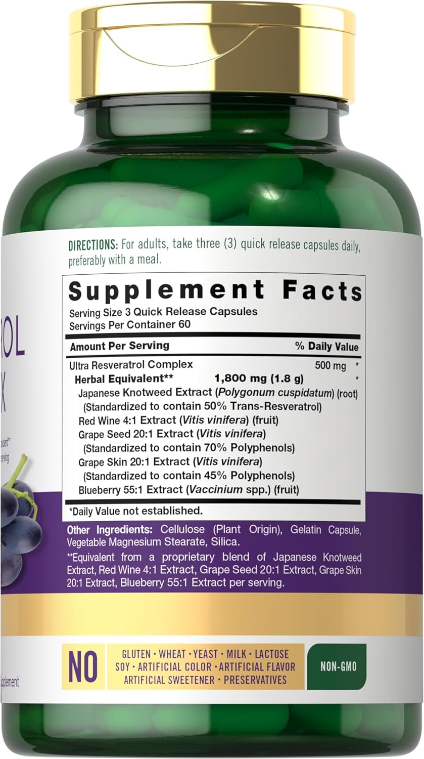 Carlyle Resveratrol Complex - 180 Capsules | Trans Resveratrol Supplement with Grape Seed Extract - Non GMO, Gluten Free