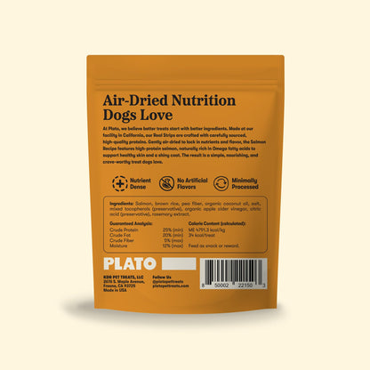 Plato Real Strips Salmon Recipe Dog Treats, Air-Dried High-Protein Soft Strips, Omega-Rich Skin & Coat Support, 18 oz