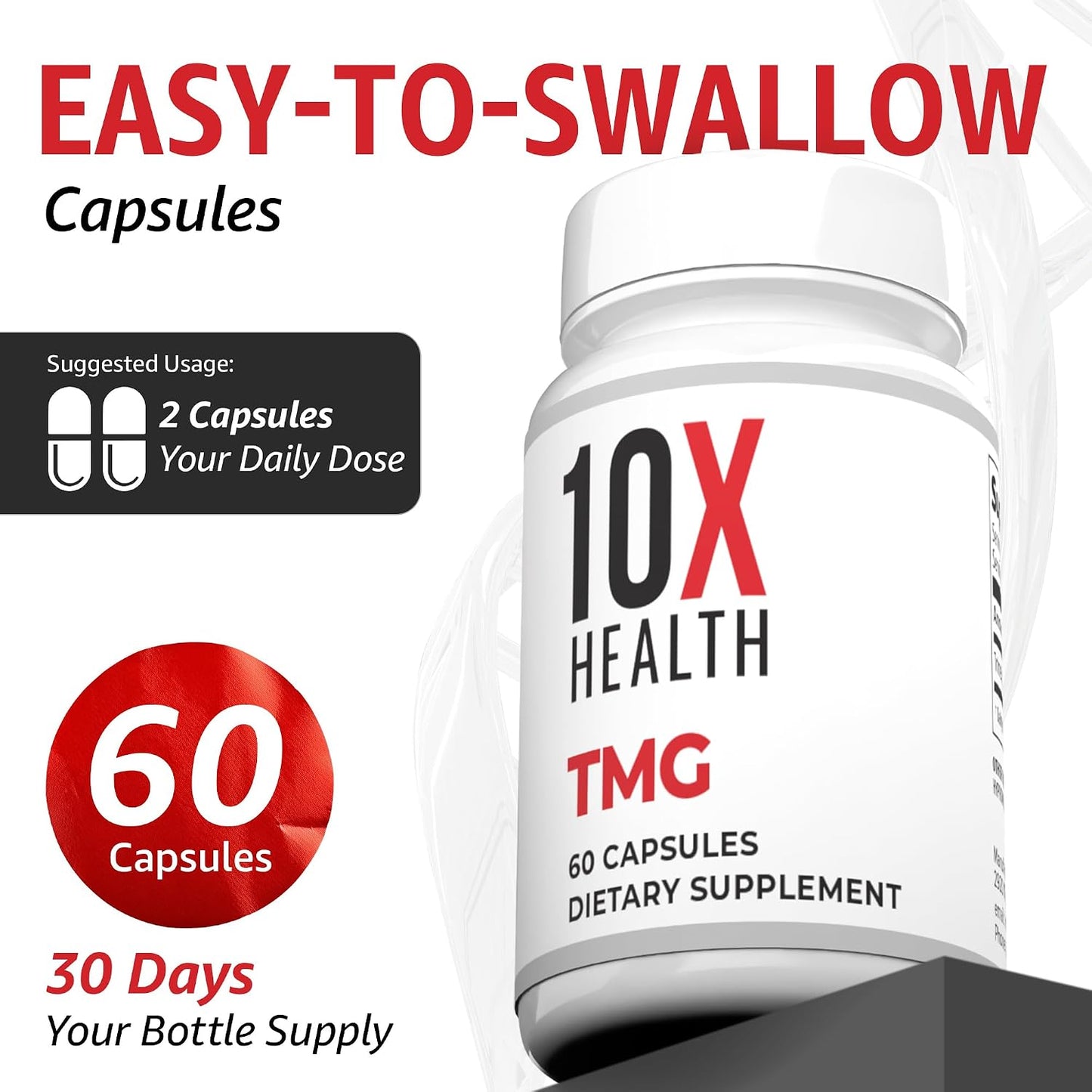 10X Health Tmg Supplements - 60 Capsules | Trimethylglycine: Betaine Anhydrous, Liver & Heart Support, Non-GMO & Gluten-Free