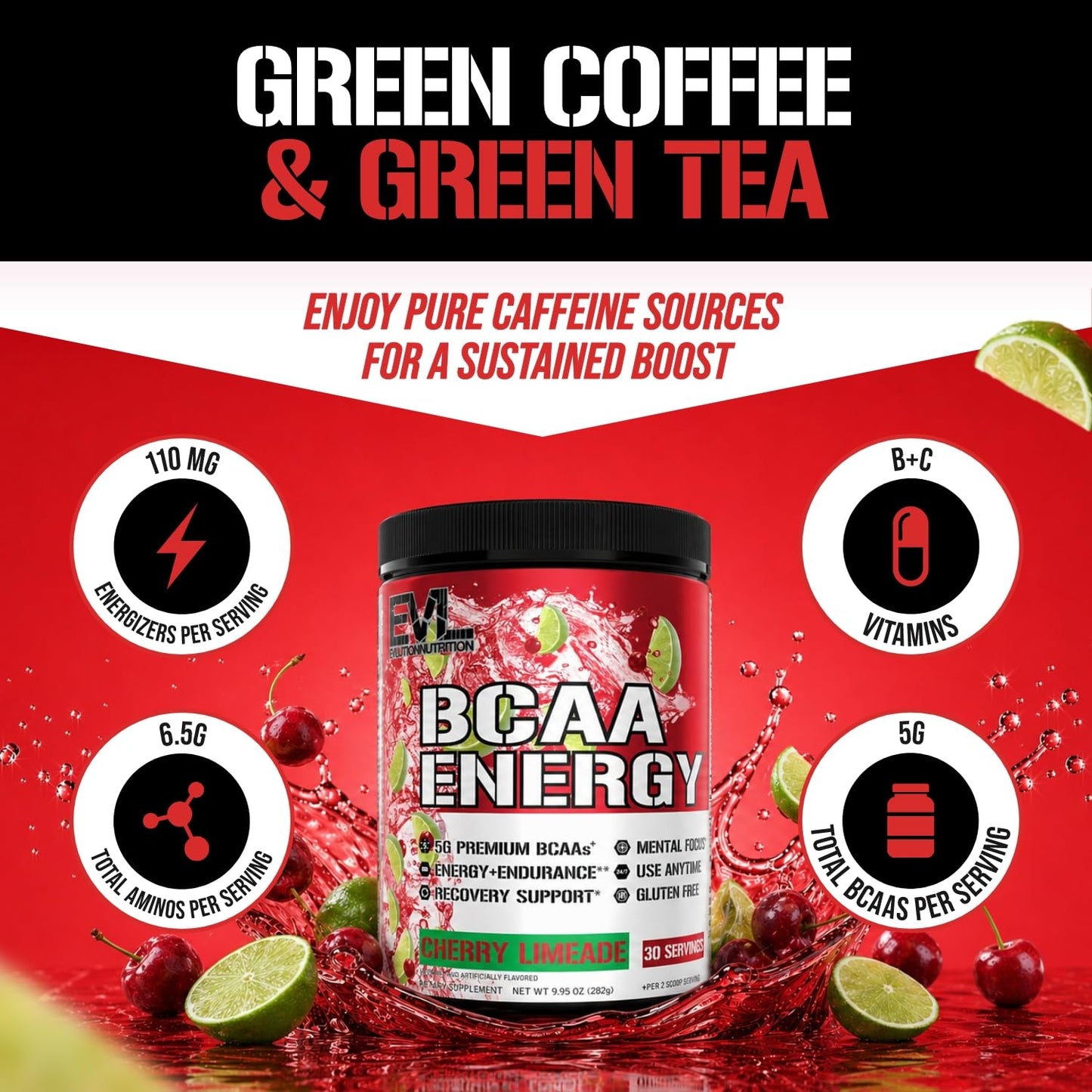 Evlution EVL BCAAs Amino Acids Powder - BCAA Energy Pre Workout Powder for Muscle Recovery Lean Growth and Endurance - Rehydrating Post Workout Recovery Drink with Natural Caffeine - Pink Lemonade