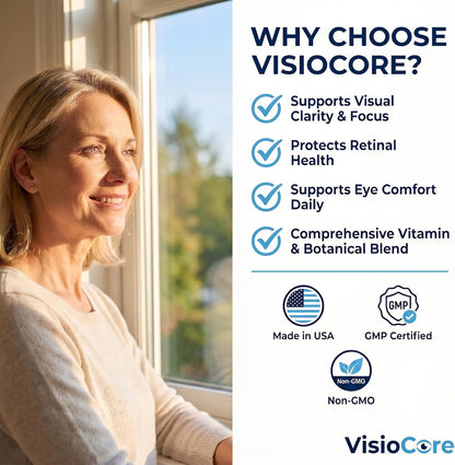 VisioCore Advanced Eye & Vision Support Supplement - Supports Visual Clarity, Retinal Health & Eye Comfort - with Lutein, Bilberry & Vitamin C - 60 Capsules