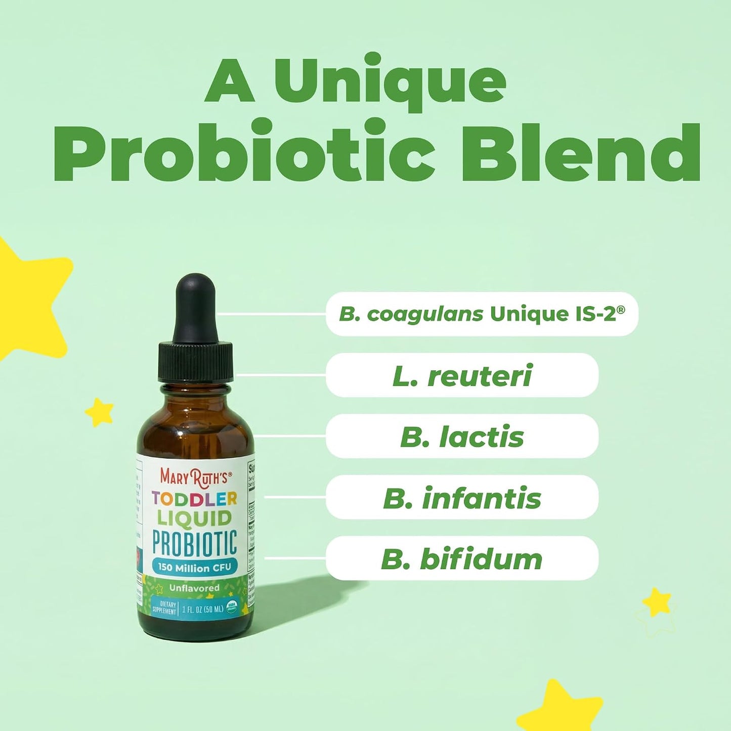 MaryRuth's Organic Toddler Probiotic Liquid Drops | Kids Probiotics for Ages 1-3 | 5 Probiotic Strains | 150 Million CFU Per Serving | USDA Organic | Sugar Free | Vegan | Gluten Free | 1 Fl O