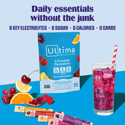 Ultima Replenisher Daily Electrolyte Powder Drink Mix – Sugar Free – Tropical Variety and 5-Flavor Variety, 20 Stickpacks – Hydration Packets with 6 Electrolytes and Minerals – Keto, Non-GMO