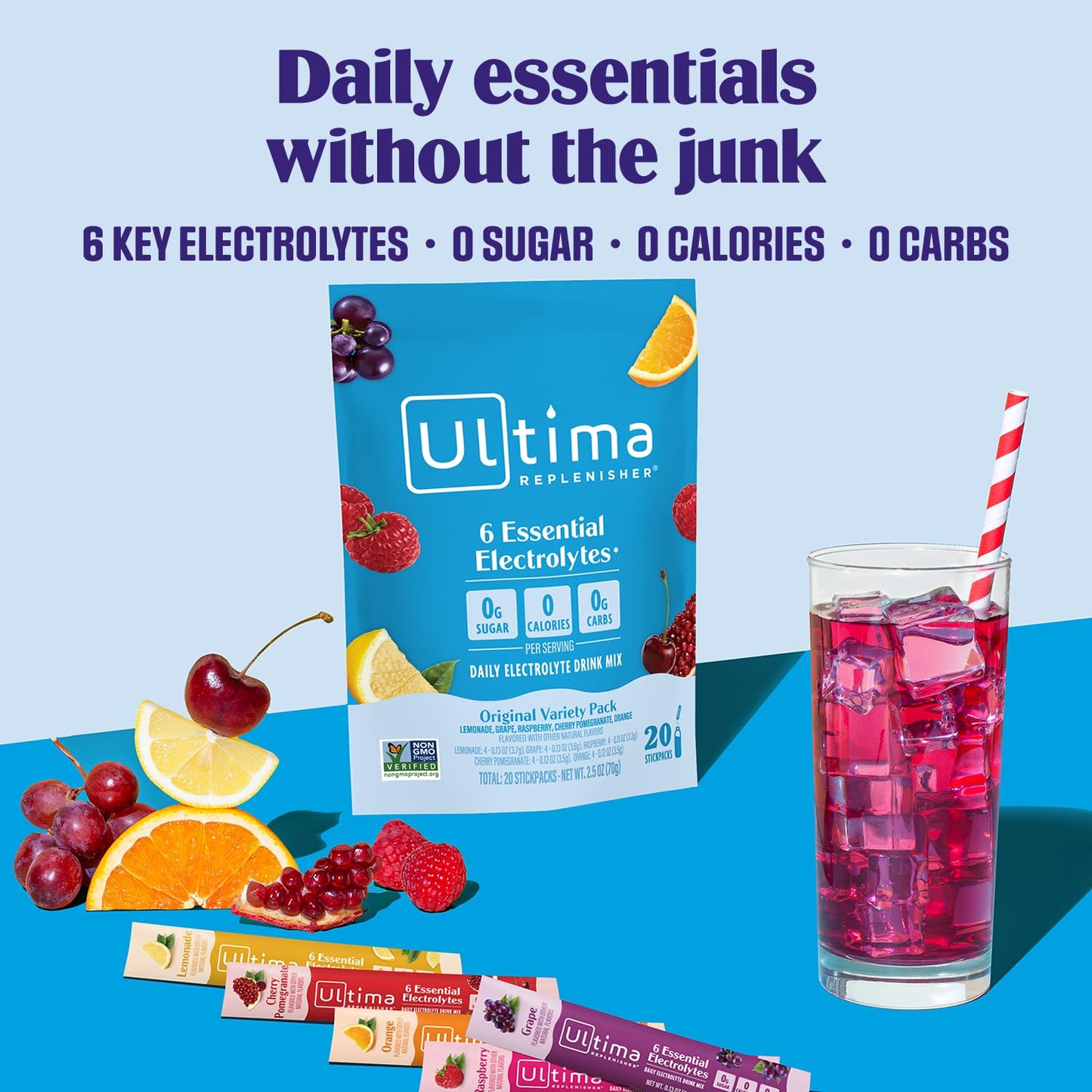 Ultima Replenisher Daily Electrolyte Powder Drink Mix – Sugar Free – Mocktini Variety and Original Variety, 36 Stickpacks – Hydration Packets with 6 Electrolytes and Minerals – Keto, Non-GMO