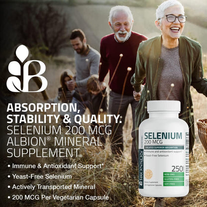 Bronson Selenium 200 mcg Albion Chelated Amino Acid Complex, 250 Capsules | Yeast-Free Essential Trace Mineral, Immune, Prostate & Metabolism Support, Vegetarian, Non-GMO, Gluten-Free & Soy-Free