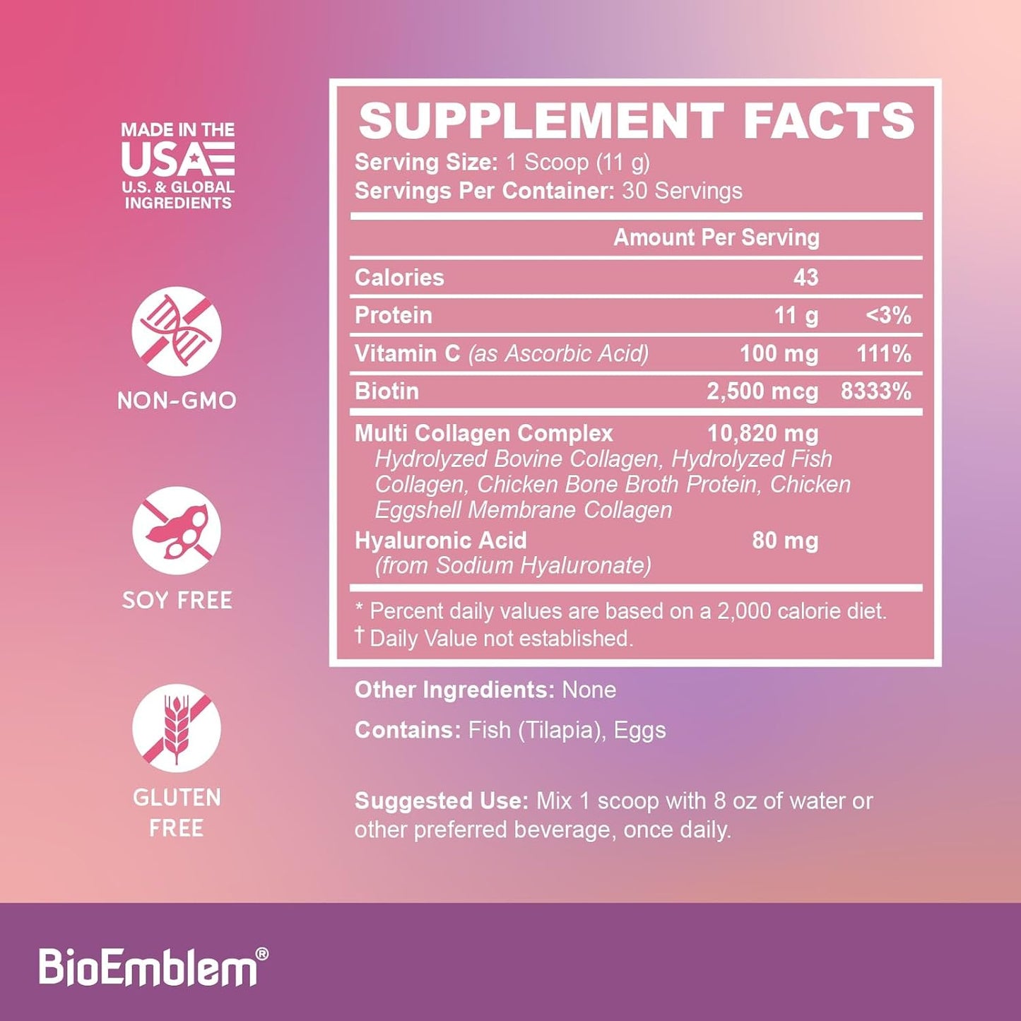 BioEmblem Beauty Collagen - Multi Collagen Complex, Hyaluronic Acid, Vitamin C & Biotin - Bovine, Fish, Chicken Bone Broth & Eggshell Membrane Sources - 30 Servings