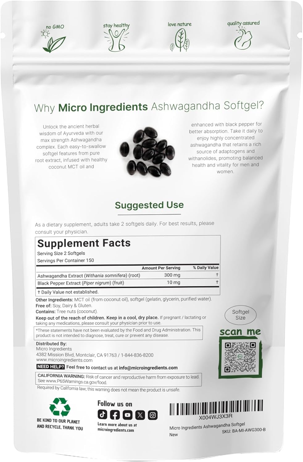 Micro Ingredients Ashwagandha Supplement with Black Pepper | 300 Coconut MCT Oil Softgels | High Potency Root Extract | Better Absorption | Non-GMO