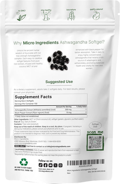 Micro Ingredients Ashwagandha Supplement with Black Pepper | 300 Coconut MCT Oil Softgels | High Potency Root Extract | Better Absorption | Non-GMO