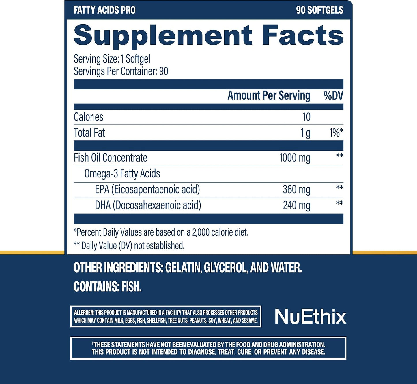 NuEthix Formulations Fatty Acids Pro EPA-DHA Fish Oil Dietary Supplement, Super Concentrated and Purified Fish Oil Blend for Optimal Wellness, 90 Gel Capsules
