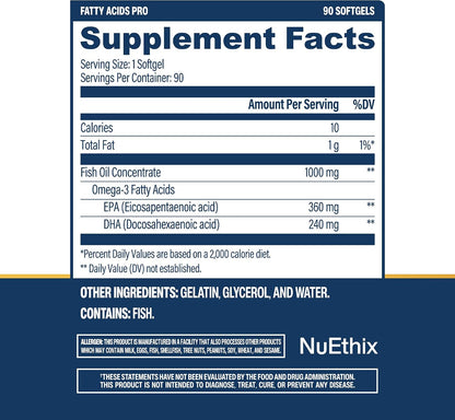 NuEthix Formulations Fatty Acids Pro EPA-DHA Fish Oil Dietary Supplement, Super Concentrated and Purified Fish Oil Blend for Optimal Wellness, 90 Gel Capsules