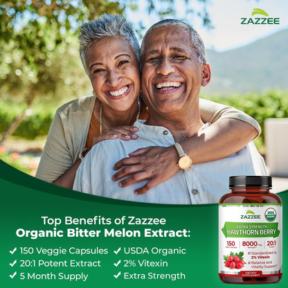 Zazzee USDA Organic Hawthorn Berry 20:1 Extract, 2% Vitexin, 150 Capsules | 5 Month Supply, Vegan, Crataegus Pinnatifida, Antioxidant & Circulation Support, Herbal Supplement, Non-GMO, Made in the USA