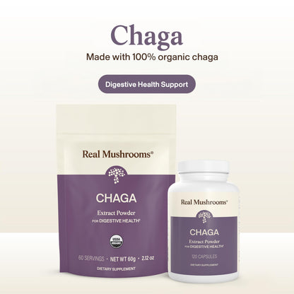 Real Mushrooms Chaga Mushroom Capsules – Organic Chaga Extract Powder with Extract Powder for Wellness & Energy Support– Vegan, Non-GMO, 120 Capsules – Organic Mushroom Supplement
