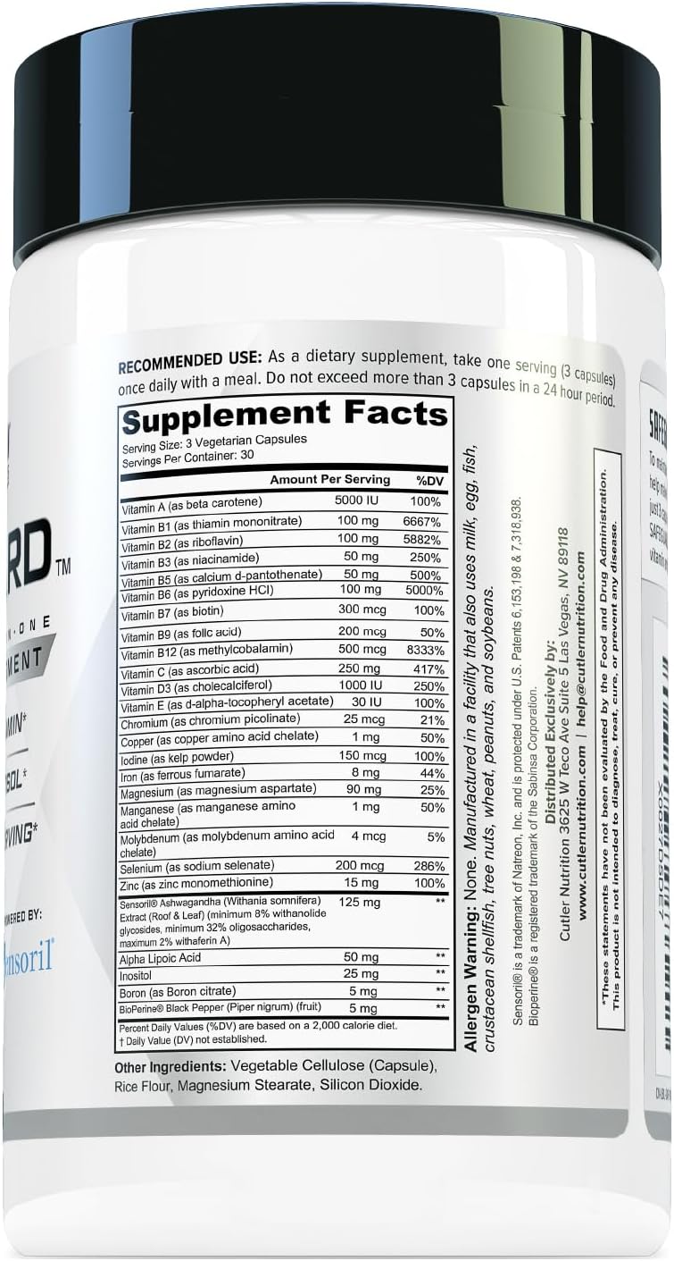 Cutler Nutrition Safeguard Adult Multivitamin with Ashwagandha, 90 Tablets | Unflavored | High-potency daily multivitamin with 25+ vitamins and minerals plus 125mg Sensoril for immune and stress support