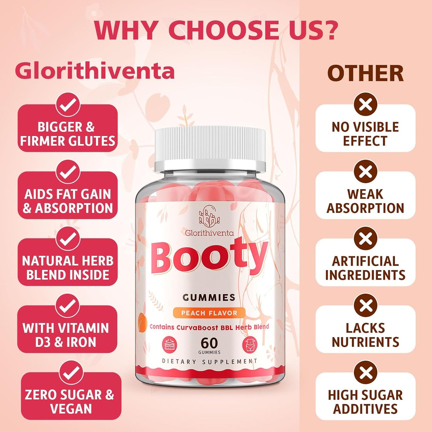 Booty Gummies for Women - BBL Gummies with Creatine Monohydrate, Milk Thistle, Vitamins D3 & Herbal Blend - Zero Sugar, Vegan, Peach Flavor, 60 Counts