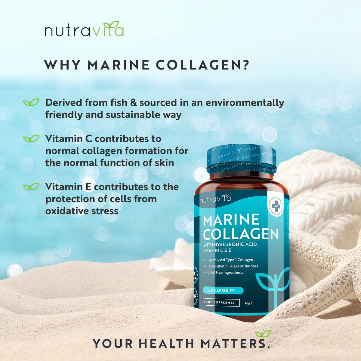Marine Collagen 1000mg - 60 Capsules of Superior Type 1 Hydrolysed Collagen