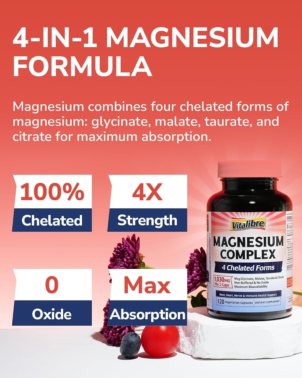 Vitalibre Magnesium Complex Supplement, 4 in 1 Maximized Absorption Chelated Magnesium Glycinate Malate, Taurate & Citrate, Non-Buffered, Bone, Heart, Nerve & Immune Support, 120 Vegan Capsules