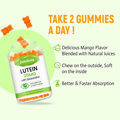 Lutein Gummies 25mg - Eye Vitamins Lutein & Zeaxanthin Eye Health Supplements for Adults,Sugar Free Eye Health Gummies Supplement - Support Vision,Macular,Blue Light Filtering (120 Count)