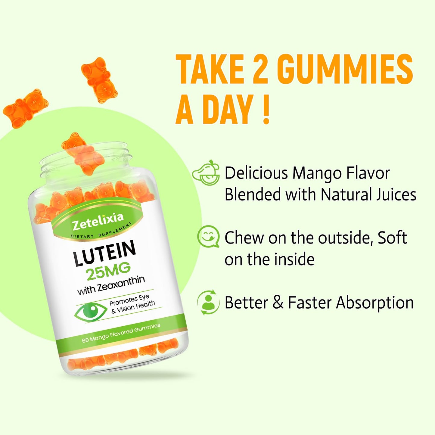 Lutein Gummies 25mg - Eye Vitamins Lutein & Zeaxanthin Eye Health Supplements for Adults,Sugar Free Eye Health Gummies Supplement - Support Vision,Macular,Blue Light Filtering (120 Count)