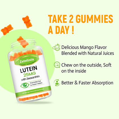 Lutein Gummies 25mg - Eye Vitamins Lutein & Zeaxanthin Eye Health Supplements for Adults,Sugar Free Eye Health Gummies Supplement - Support Vision,Macular,Blue Light Filtering (120 Count)