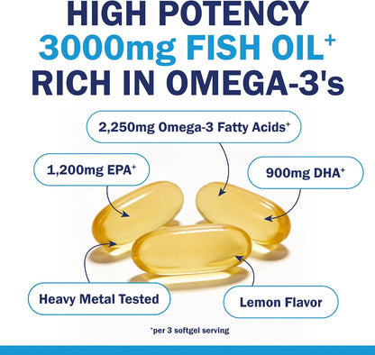 Triple Strength Omega 3 Fish Oil 3000mg for Women and Men, 90 Softgels