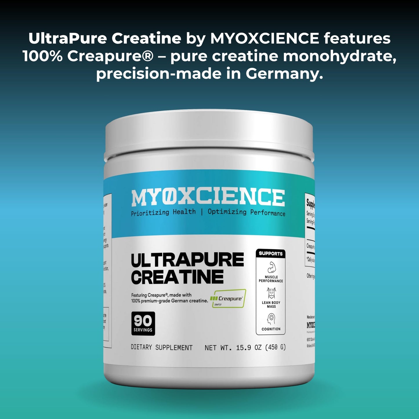 MYOXCIENCE Creapure® Creatine Monohydrate | Supports Strength & Muscle Mass, Cognition and Lean Body Mass | Unflavored (60 Serving Jar)