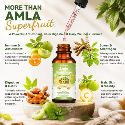 Organic Amla Liquid Drops, Indian Gooseberry Amla Superfruit Extract 1000mg | Advanced 5-in-1 Amla Herbal w. Ashwagandh Turmeric Tulsi for Antioxidant Energy & Digestive Hair Ayurvedic Daily Wellness