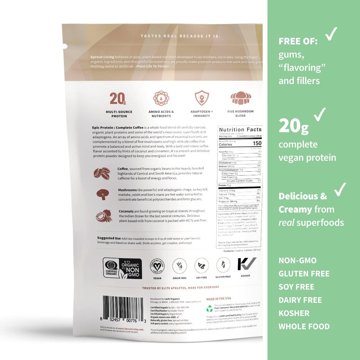 Sprout Living Epic Protein Bundle - Chocolate Maca & Complete Coffee (20g Organic Plant-Based Protein Powder, Vegan, Gluten Free, Superfoods) | 1lb, 12 Servings