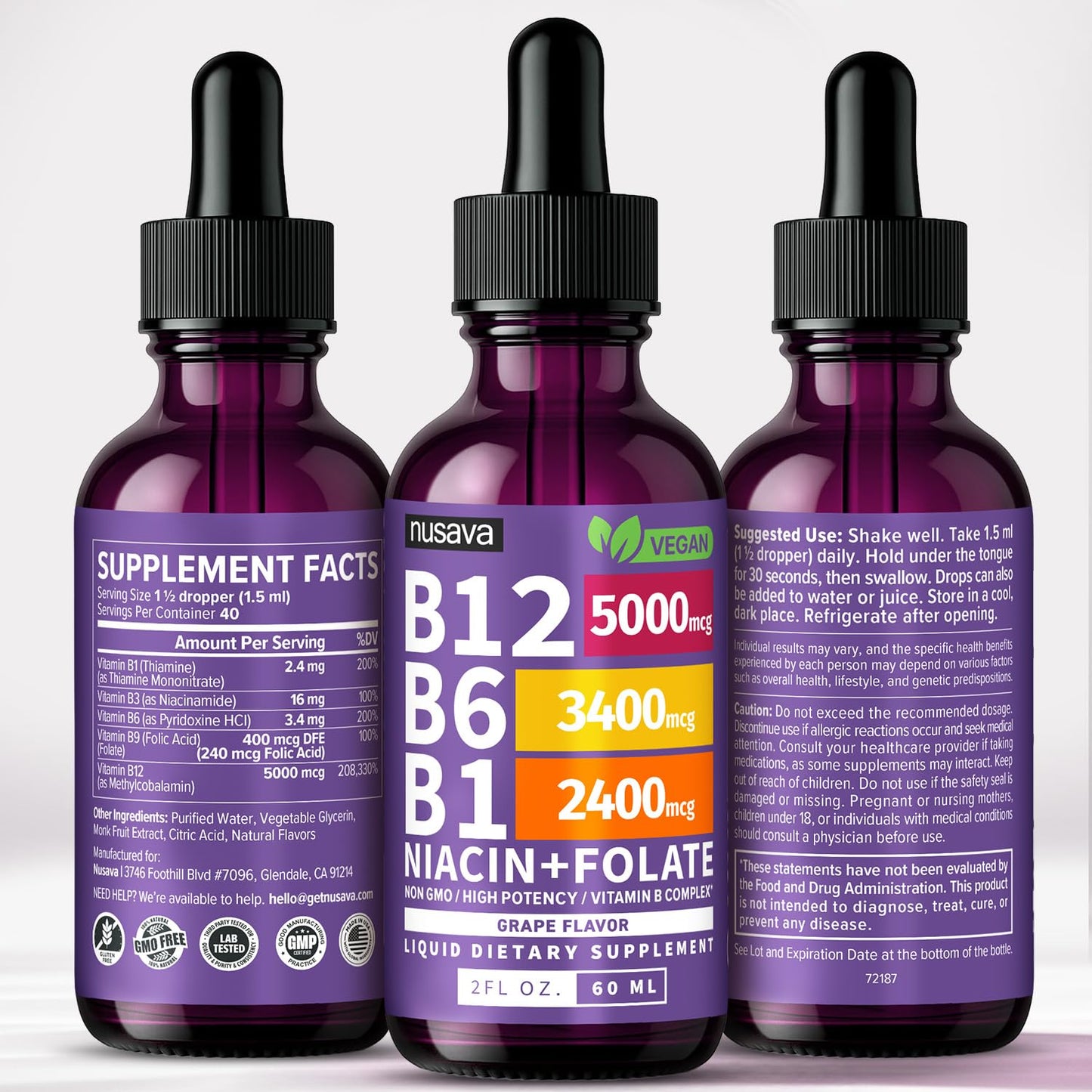 NUSAVA (2 Pack) Vitamin B12 Liquid Drops with B6, B1, Niacin & Folate — B12 Sublingual Vitamin B Complex, Methylcobalamin 5000 mcg, for Energy, Brain & Heart Support, Raspberry Flavor, 80 Servings