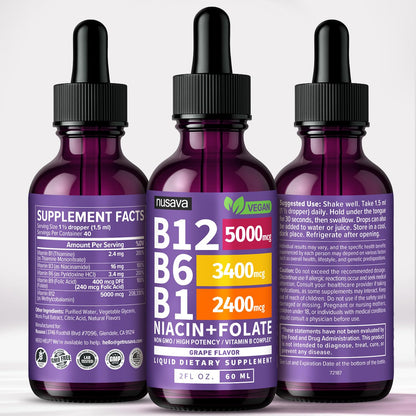 NUSAVA (2 Pack) Vitamin B12 Liquid Drops with B6, B1, Niacin & Folate — B12 Sublingual Vitamin B Complex, Methylcobalamin 5000 mcg, for Energy, Brain & Heart Support, Raspberry Flavor, 80 Servings