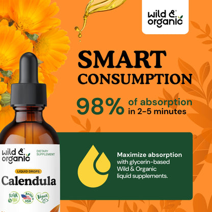 Wild & Organic Calendula Flowers Supplement - Antioxidant, Immune & Skin Support - Add to Tea Extract Drops - Calendula Herb Tincture - Vegan, Alcohol & Sugar-Free - 4 fl oz