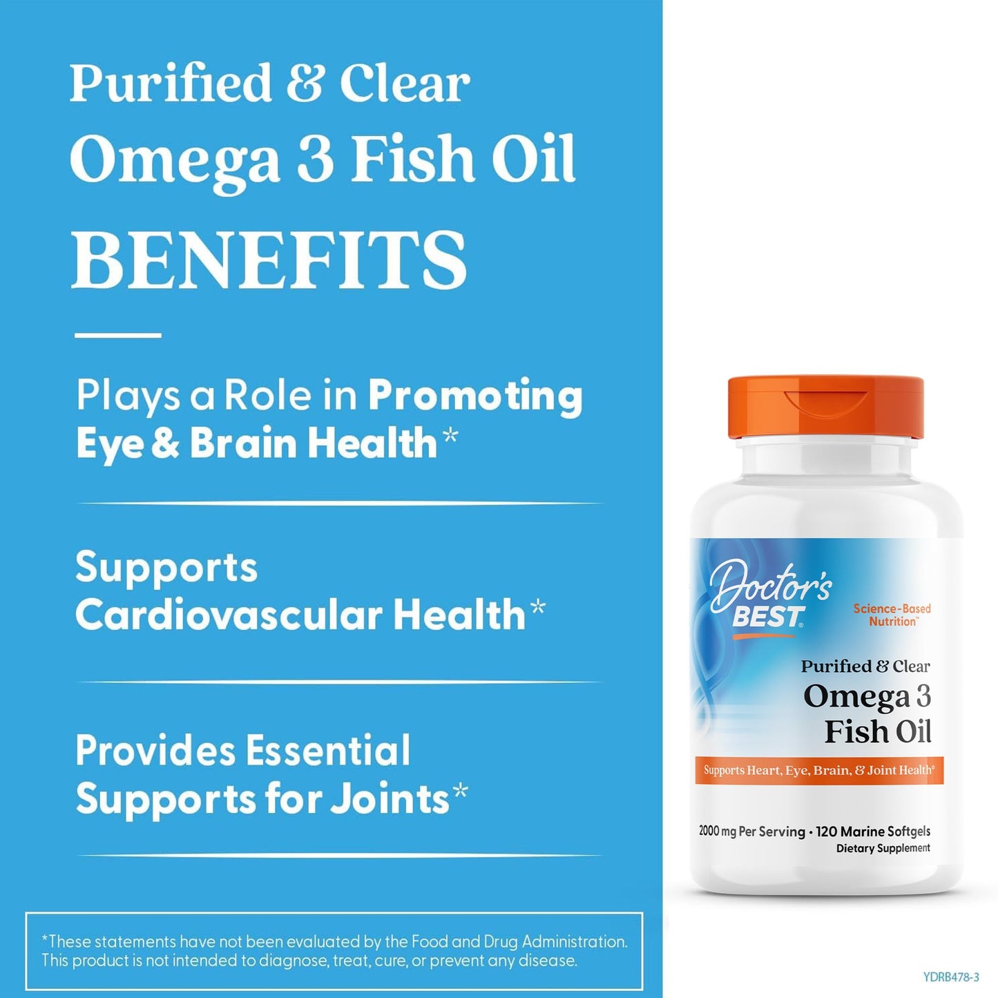 Doctor's Best Omega 3 Fish Oil Supplement for Women & Men - Source of DHA, EPA, & Omega-3 Fatty Acids, Purified, High 2000 mg Potency, Heart Health Support, Non-GMO, Gluten Free - 120 Marine Softgels