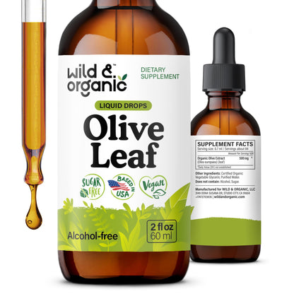Wild & Organic Olive Leaf Extract Liquid Drops - Immune & Antioxidant Support - Oleuropein Supplement - Add to Tea Olive Leaf Tincture - Vegan, Sugar & Alcohol Free - 4 fl oz
