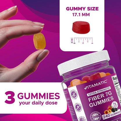 Vitamatic Prebiotic Fiber Gummies for Adults, 7G Extra Strength, Zero Sugar Added, 240 Pectin Based Gummies, Digestive Health & Regularity Support