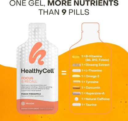 Healthycell Focus & Recall Daily Liquid Brain Supplement - 30 Gel Packs | Liquid nootropic gel packs with L-Theanine, Omega-3 & Taurine - Supports focus, memory, concentration & mental alertness