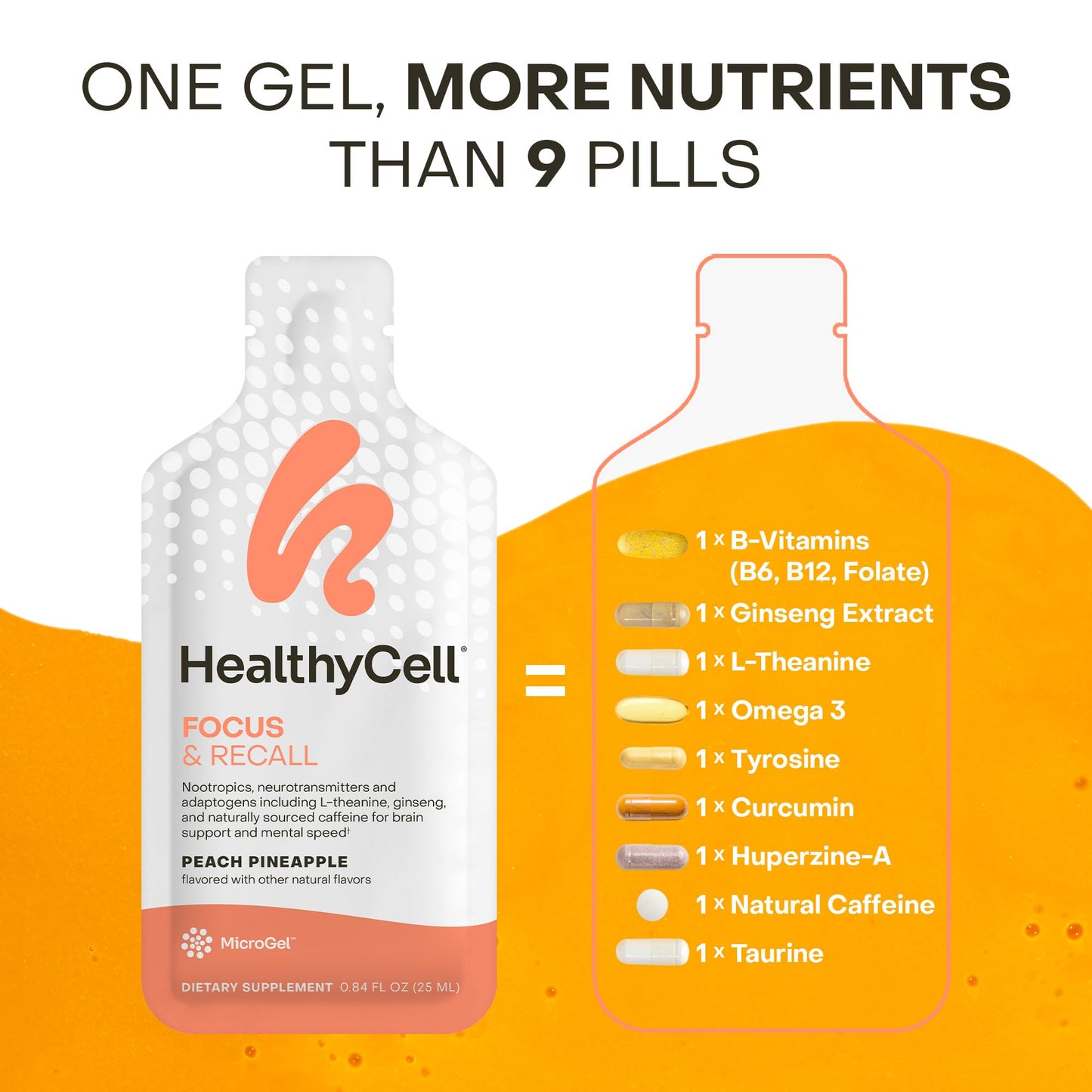 Healthycell Focus & Recall Daily Liquid Brain Supplement - 30 Gel Packs | Liquid nootropic gel packs with L-Theanine, Omega-3 & Taurine - Supports focus, memory, concentration & mental alertness