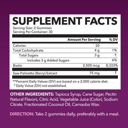 Saw Palmetto Gummies for Women, Raspberry, 60ct, 2500mcg Biotin | DHT Blocker & Hair, Skin, Nail Health Gummies, Supports Stronger-Looking Hair, Raspberry Flavor, 1 Month Supply