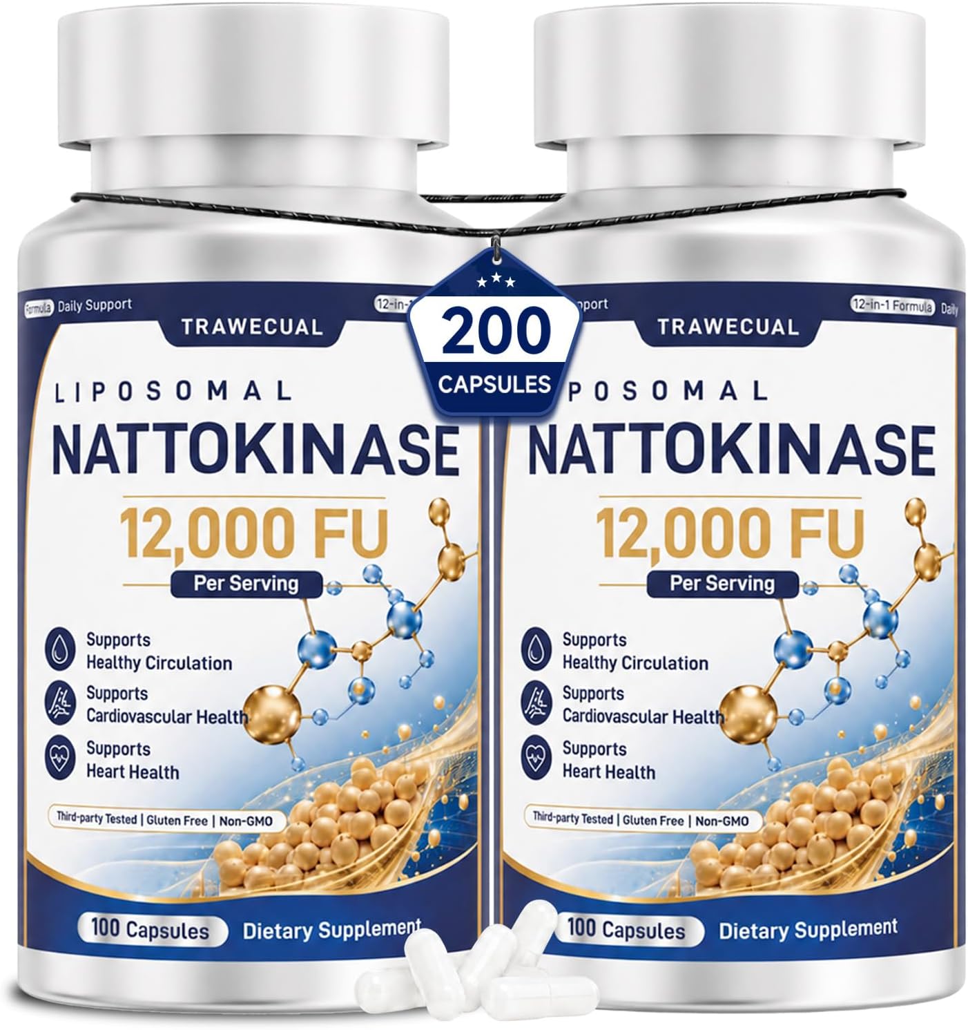 Liposomal 12-in-1 Nattokinase 12,000 FU, Multi Enzyme Complex, 200 Capsules | Serrapeptase, Lumbrokinase, Bromelain, CoQ10, Omega-3 & Red Yeast Rice, Cardiovascular, Circulatory & Heart Health Support