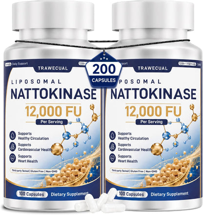 Liposomal 12-in-1 Nattokinase 12,000 FU, Multi Enzyme Complex, 200 Capsules | Serrapeptase, Lumbrokinase, Bromelain, CoQ10, Omega-3 & Red Yeast Rice, Cardiovascular, Circulatory & Heart Health Support