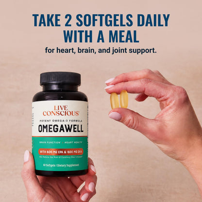 Live Conscious OmegaWell Omega 3 Fish Oil - 2000mg Capsules: Heart, Brain, & Joint Support - 800 mg EPA 600 mg DHA - Sustainably Sourced - Softgels - 30 Day Supply