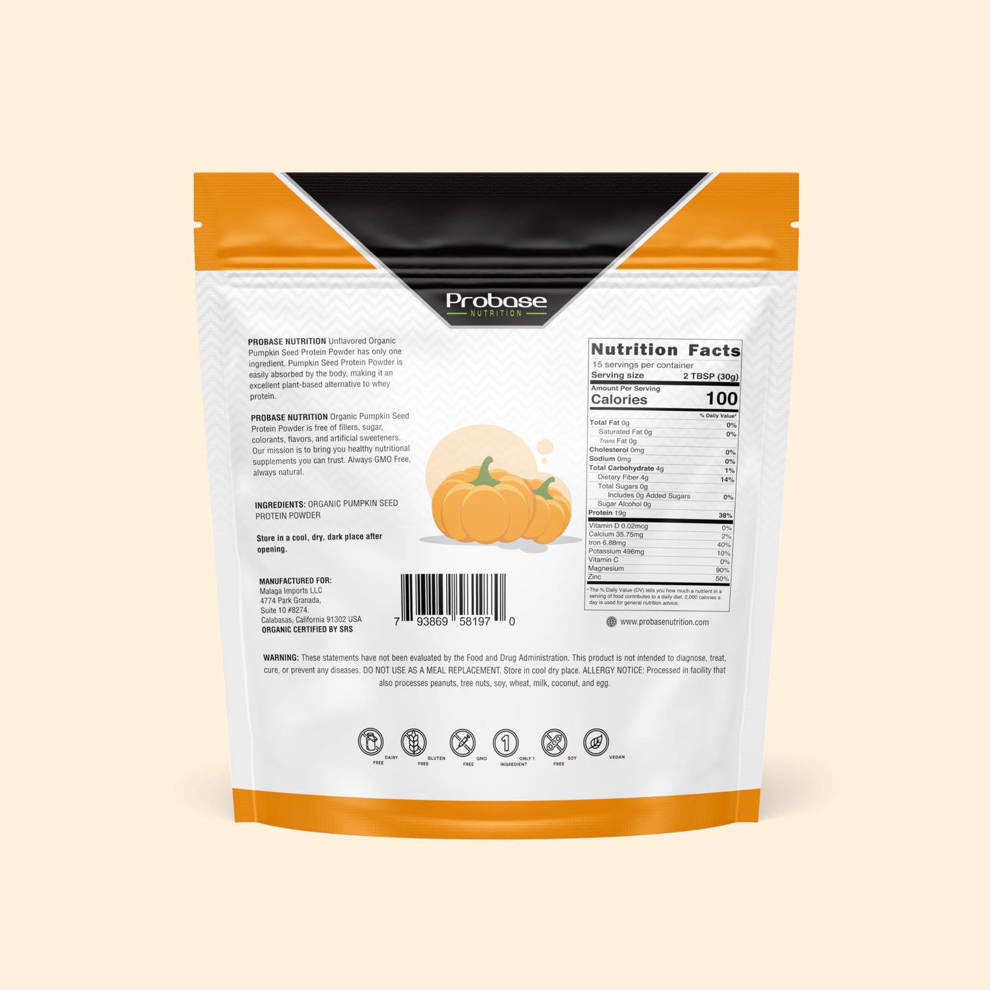 Probase Nutrition, Pumpkin Seed Protein Powder, Unsweetened Plant-Based Pumpkin Protein Powder, Ideal for Post-Activity Support, Pumpkin Powder is Rich in Omega 3, 6, 9 | 1 lb, Cold Pressed | 19 Grams Plant Based Protein, Without Artificial Sweeteners, No