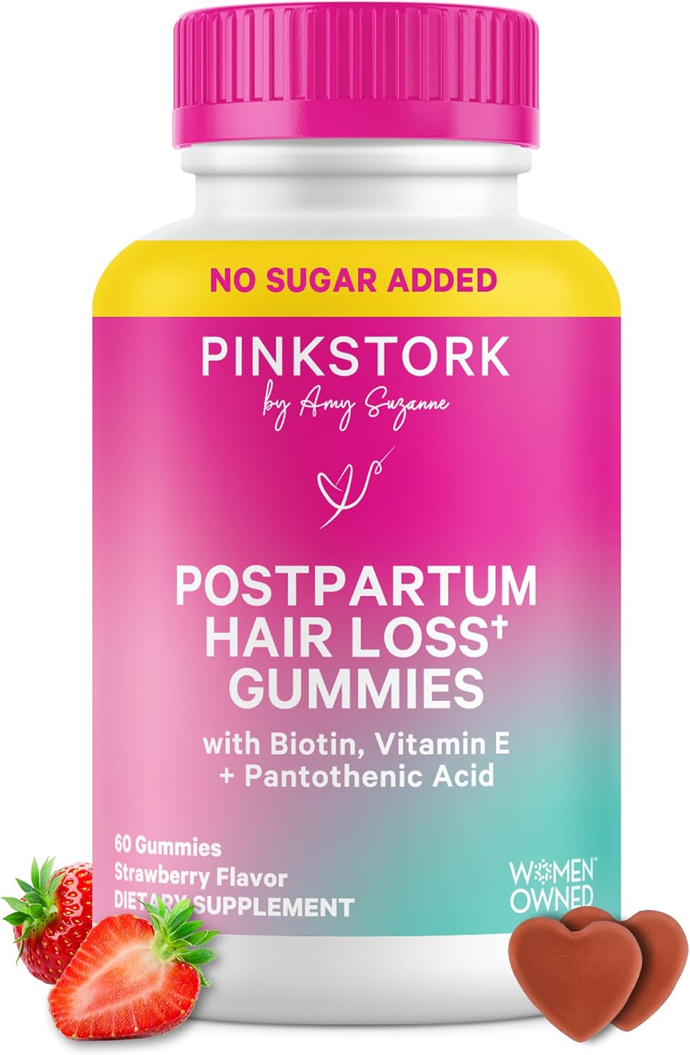 Pink Stork Postpartum Hair Loss Gummies, 60 Count | Biotin, Pantothenic Acid, Vitamin E, B6, B12, Breastfeeding-Friendly, Hair Growth + Regrowth Support