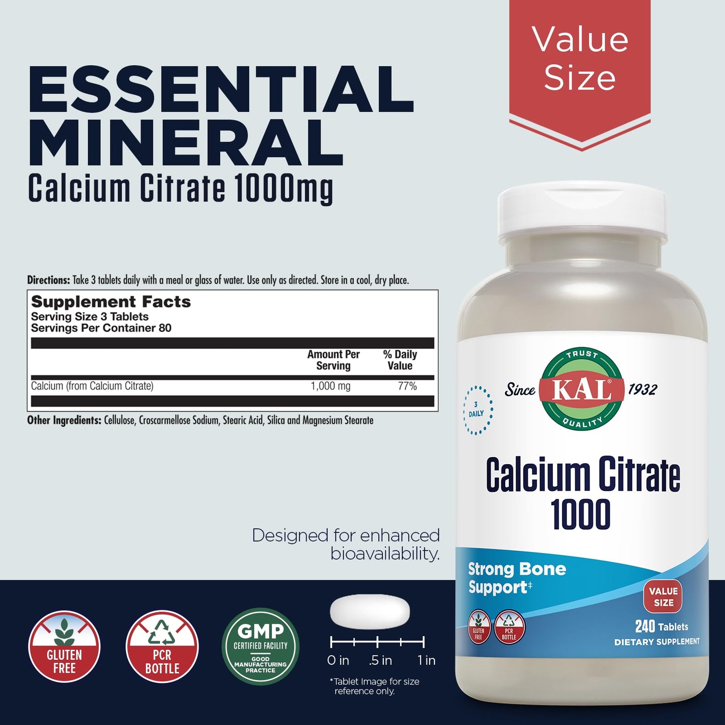 KAL Calcium Citrate 1000mg, Calcium Supplements for Women and Men, Bone Health, Teeth, Nervous, Muscular & Cardiovascular System Support, Gluten Free and Lab Verified, 60 Servings, 180 Tablets