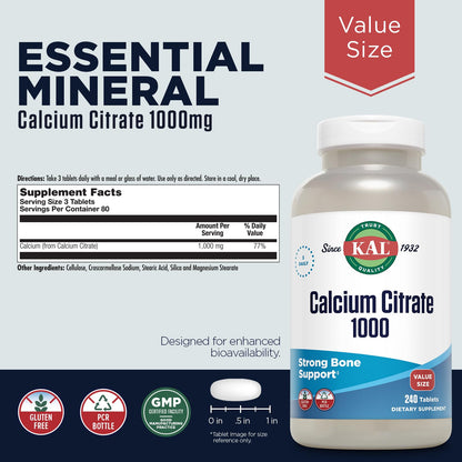 KAL Calcium Citrate 1000mg, Calcium Supplements for Women and Men, Bone Health, Teeth, Nervous, Muscular & Cardiovascular System Support, Gluten Free and Lab Verified, 60 Servings, 180 Tablets