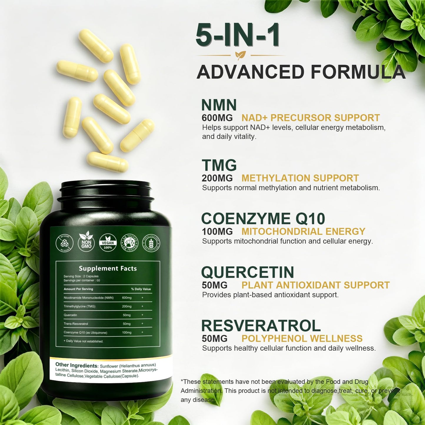 NMN Supplement, NAD+ Precursor Support 1000mg 5-in-1 Complex with 600mg Nicotinamide Mononucleotide and TMG 200mg, Trans-Resveratrol, Quercetin, CoQ10 for Cellular Energy, Antioxidant Support