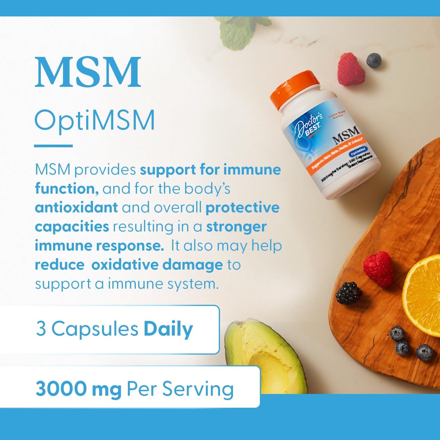 Doctor's Best MSM Supplement Capsules for Men & Women - Supports Hair, Skin, Nails, Joint Health & Mobility, 3000 mg Per Serving, Delivers Beneficial Sulfur w/ OptiMSM, Gluten Free, Non GMO - 360 Caps