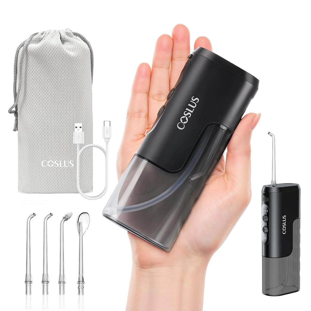 COSLUS T40 Mini Water Flosser for Travel, Portable Compact Design, Balck