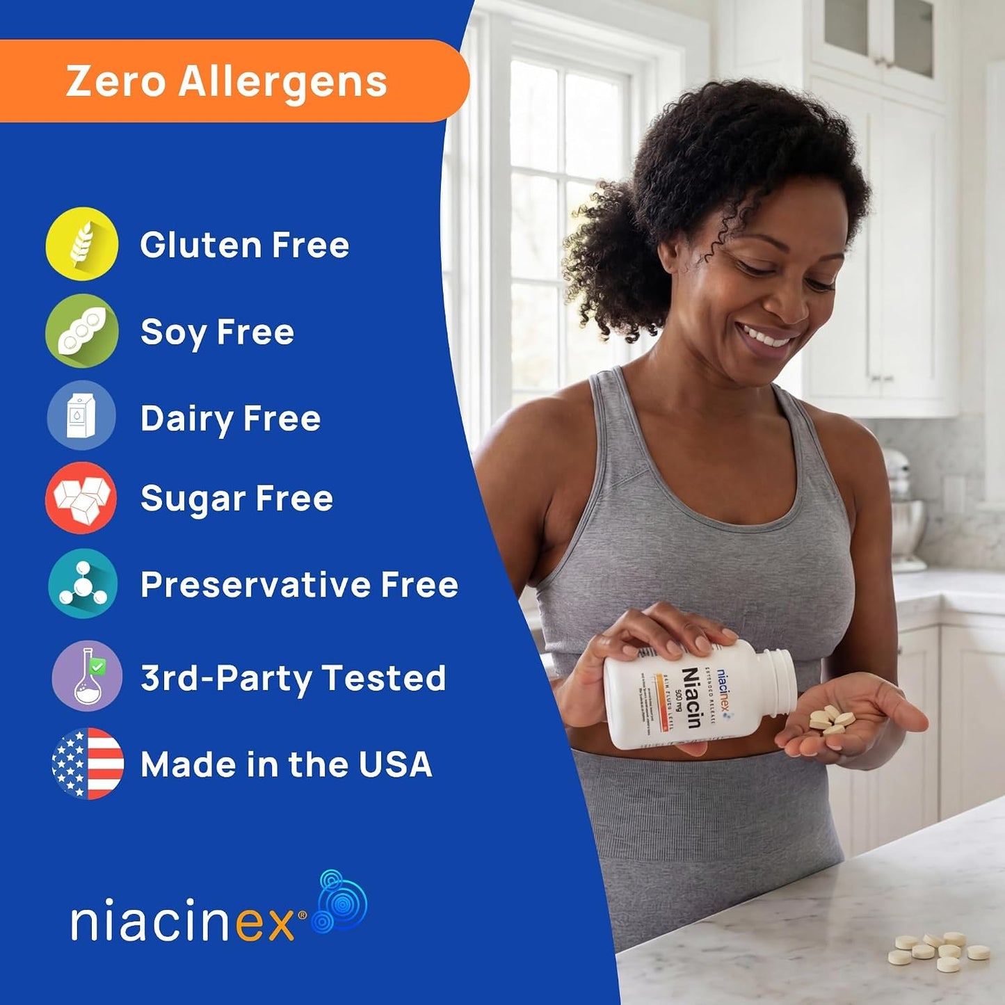 Niacin 500mg Extended Time Release, 200 Tablets, Minimal to No-Flush, Vitamin B3 Supplement - Cholesterol Balance, Nicotinic Acid Vegan, cGMP, made in the USA